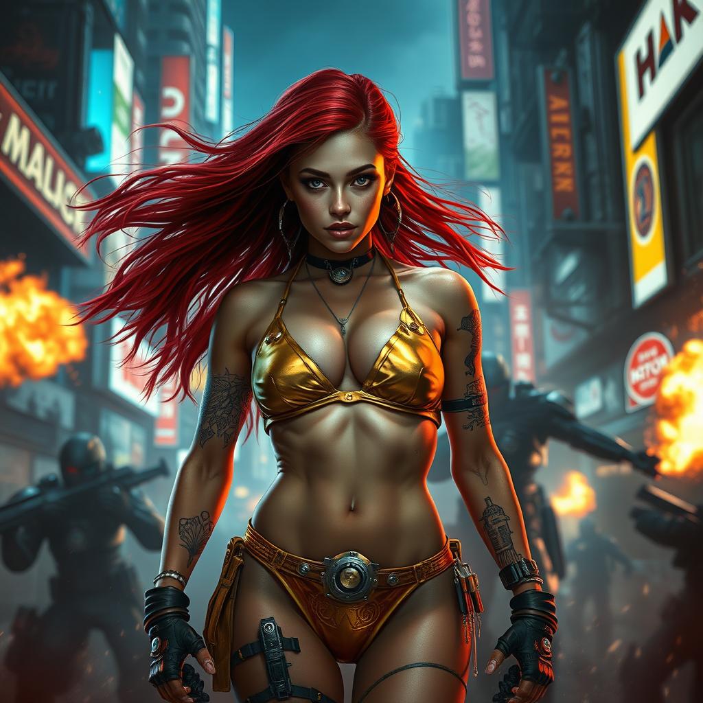 A realistic portrayal of a petite redhaired cyberpunk nomad, confidently wearing a striking gold bikini, in the midst of an intense battle scene