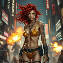 A realistic portrayal of a petite redhaired cyberpunk nomad, confidently wearing a striking gold bikini, in the midst of an intense battle scene