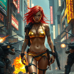 A realistic portrayal of a petite redhaired cyberpunk nomad, confidently wearing a striking gold bikini, in the midst of an intense battle scene