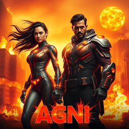 A cinematic sci-fi futuristic action film poster featuring one Indian man and one Indian woman in modern superhero costumes, both adorned with elements that embody the powers of burning fire