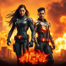 A cinematic sci-fi futuristic action film poster featuring one Indian man and one Indian woman in modern superhero costumes, both adorned with elements that embody the powers of burning fire