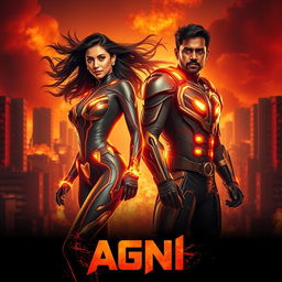 A cinematic sci-fi futuristic action film poster featuring one Indian man and one Indian woman in modern superhero costumes, both adorned with elements that embody the powers of burning fire