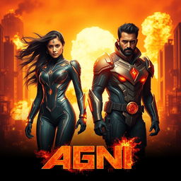 A cinematic sci-fi futuristic action film poster featuring one Indian man and one Indian woman in modern superhero costumes, both adorned with elements that embody the powers of burning fire