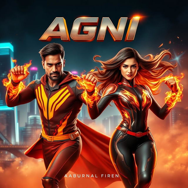 A dynamic scene depicting an Indian man and woman in modern superhero costumes, embodying the powers of burning fire