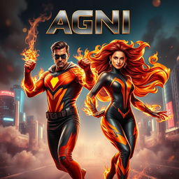 A dynamic scene depicting an Indian man and woman in modern superhero costumes, embodying the powers of burning fire