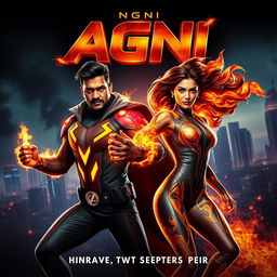 A dynamic scene depicting an Indian man and woman in modern superhero costumes, embodying the powers of burning fire