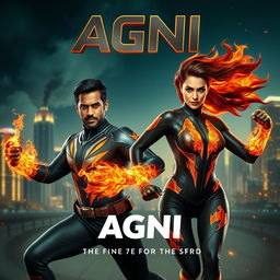 A dynamic scene depicting an Indian man and woman in modern superhero costumes, embodying the powers of burning fire