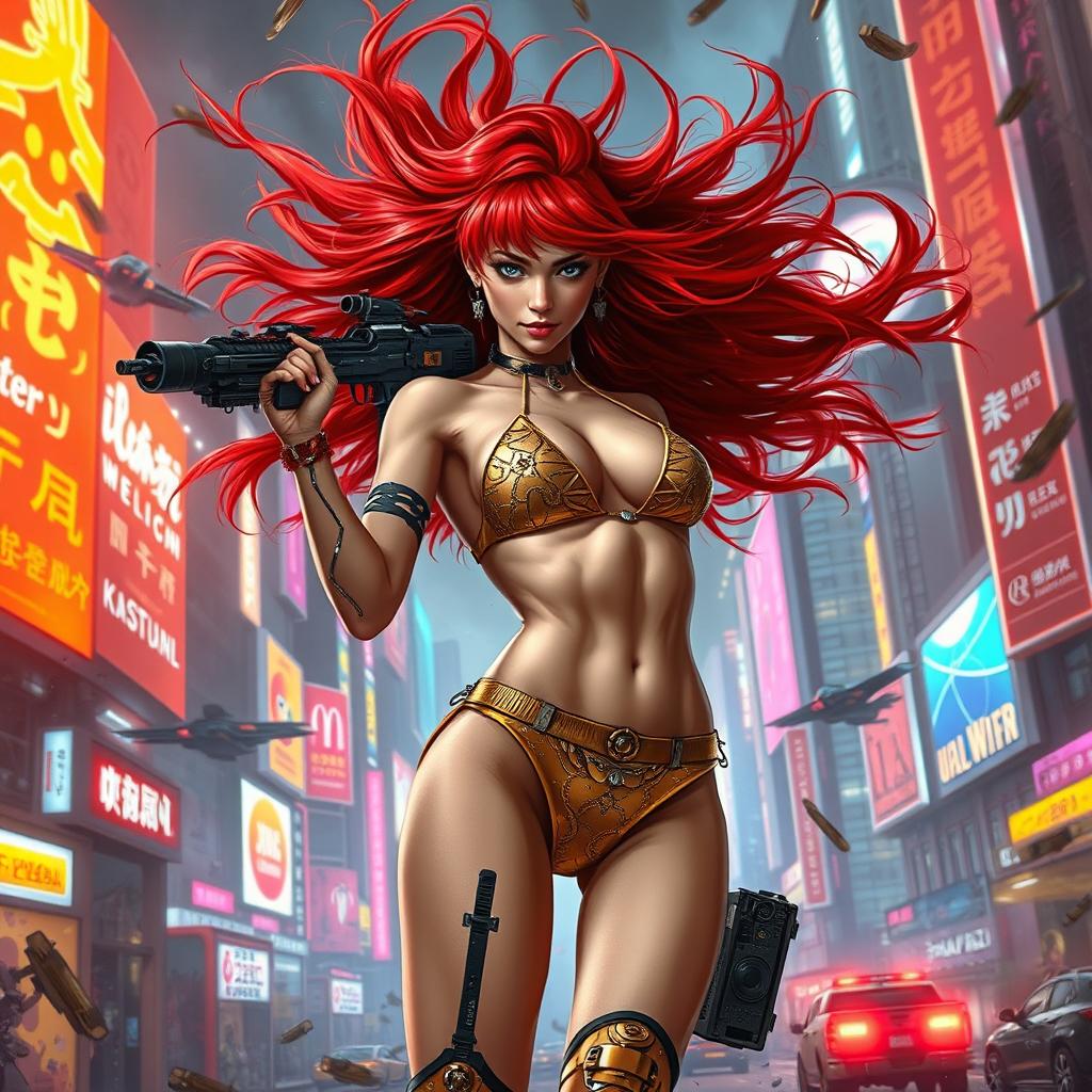 A stunning and realistic portrayal of a petite redhaired cyberpunk nomad dressed in a dazzling gold bikini, fiercely engaged in an exhilarating battle scene