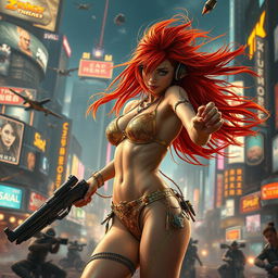 A stunning and realistic portrayal of a petite redhaired cyberpunk nomad dressed in a dazzling gold bikini, fiercely engaged in an exhilarating battle scene