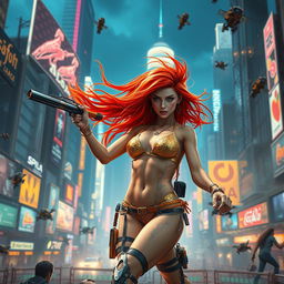 A stunning and realistic portrayal of a petite redhaired cyberpunk nomad dressed in a dazzling gold bikini, fiercely engaged in an exhilarating battle scene