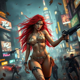 A stunning and realistic portrayal of a petite redhaired cyberpunk nomad dressed in a dazzling gold bikini, fiercely engaged in an exhilarating battle scene