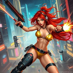 A realistic illustration of a petite redhaired cyberpunk nomad wearing a vibrant gold bikini, fiercely engaged in an action-packed battle scene