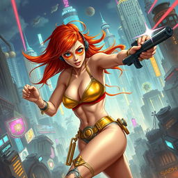 A realistic illustration of a petite redhaired cyberpunk nomad wearing a vibrant gold bikini, fiercely engaged in an action-packed battle scene