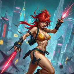 A realistic illustration of a petite redhaired cyberpunk nomad wearing a vibrant gold bikini, fiercely engaged in an action-packed battle scene