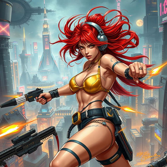 A realistic illustration of a petite redhaired cyberpunk nomad wearing a vibrant gold bikini, fiercely engaged in an action-packed battle scene