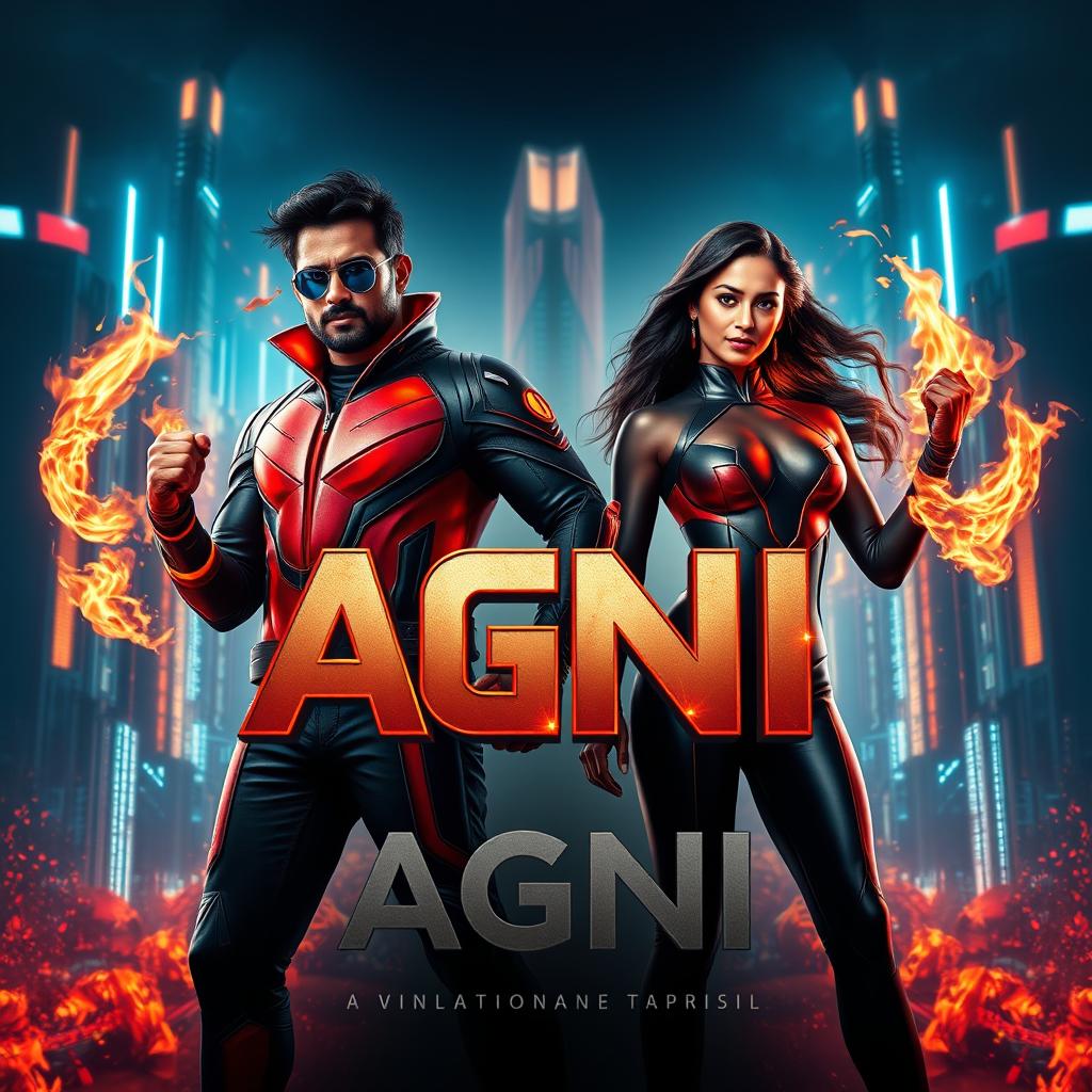 A captivating cinematic poster featuring an Indian man and woman in modern superhero costumes, radiating the powers of burning fire