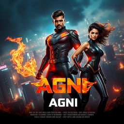 A captivating cinematic poster featuring an Indian man and woman in modern superhero costumes, radiating the powers of burning fire