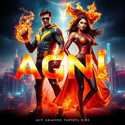 A captivating cinematic poster featuring an Indian man and woman in modern superhero costumes, radiating the powers of burning fire