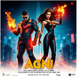 A captivating cinematic poster featuring an Indian man and woman in modern superhero costumes, radiating the powers of burning fire