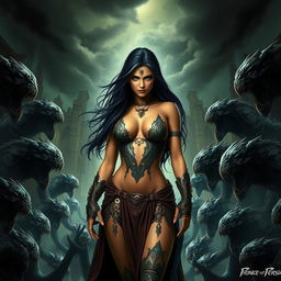 An intense and dramatic scene featuring Kaileena, the Empress of Time from 'Prince of Persia: Warrior Within', portrayed with bold confidence