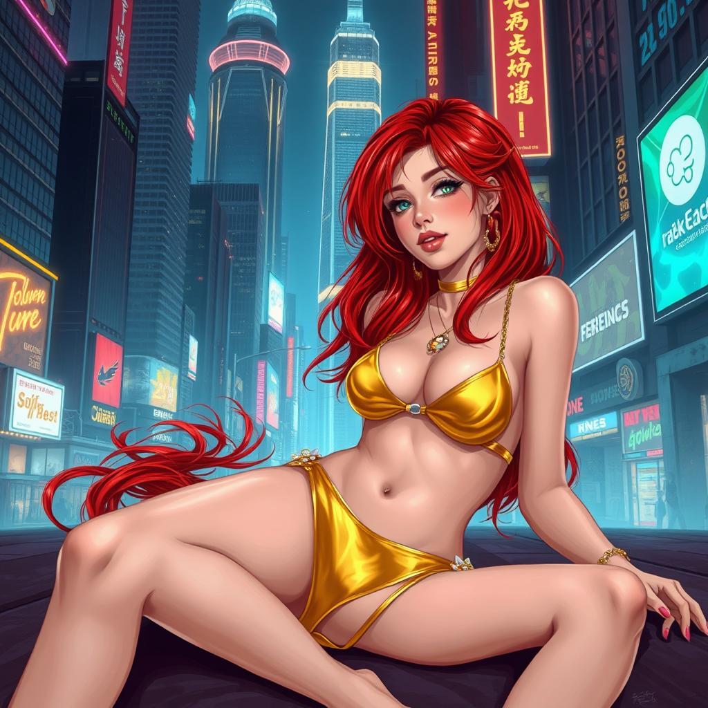 A realistic illustration of a petite redhaired cyberpunk nomad, relaxed and laying down, confidently dressed in a vibrant gold bikini