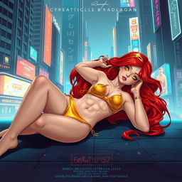 A realistic illustration of a petite redhaired cyberpunk nomad, relaxed and laying down, confidently dressed in a vibrant gold bikini