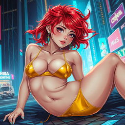 A realistic illustration of a petite redhaired cyberpunk nomad, relaxed and laying down, confidently dressed in a vibrant gold bikini