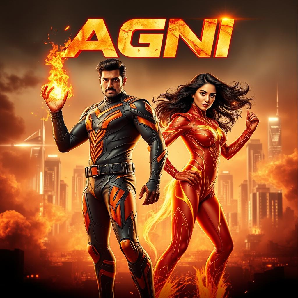 A stunning cinematic poster showcasing an Indian man and woman in modern superhero costumes, harnessing the powers of burning fire