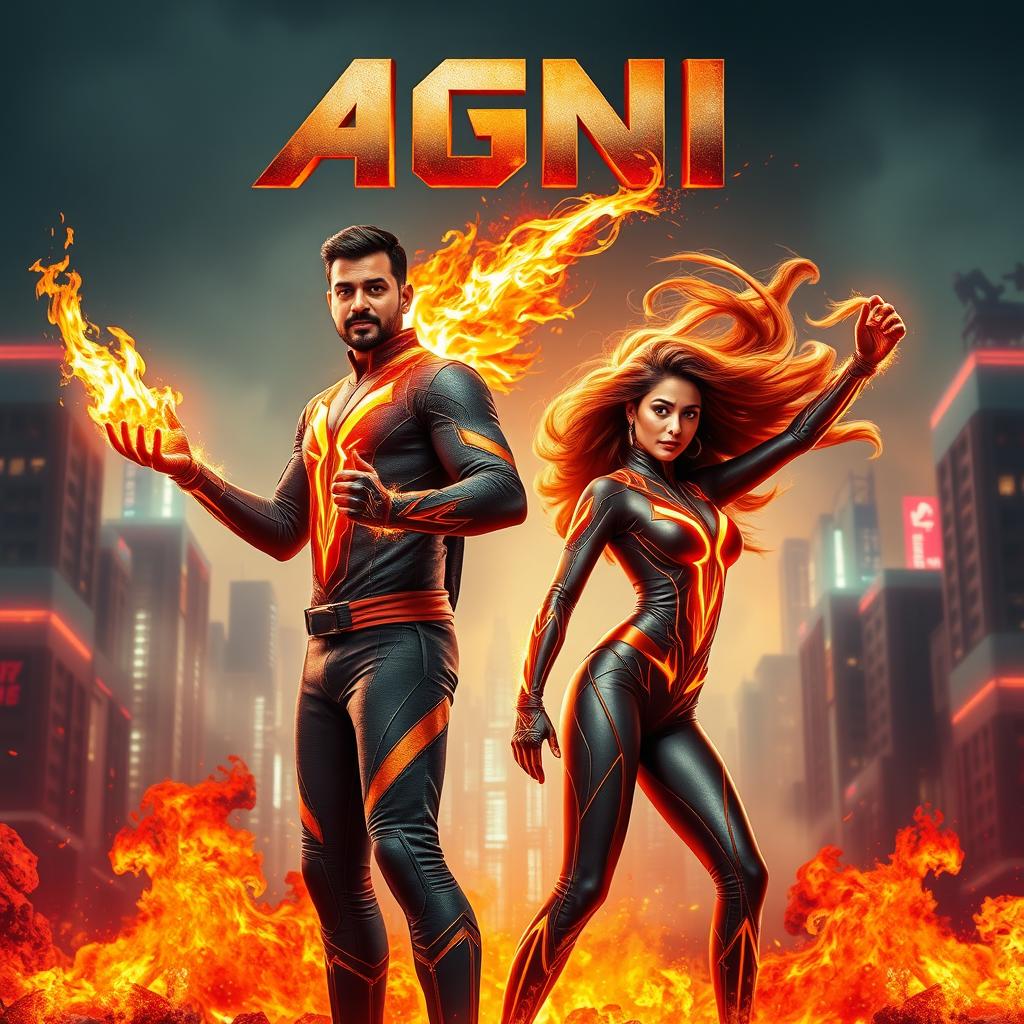 A stunning cinematic poster showcasing an Indian man and woman in modern superhero costumes, harnessing the powers of burning fire