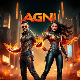 A stunning cinematic poster showcasing an Indian man and woman in modern superhero costumes, harnessing the powers of burning fire