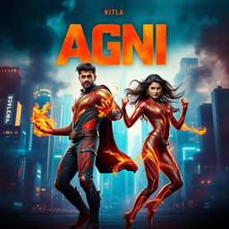 A stunning cinematic poster showcasing an Indian man and woman in modern superhero costumes, harnessing the powers of burning fire