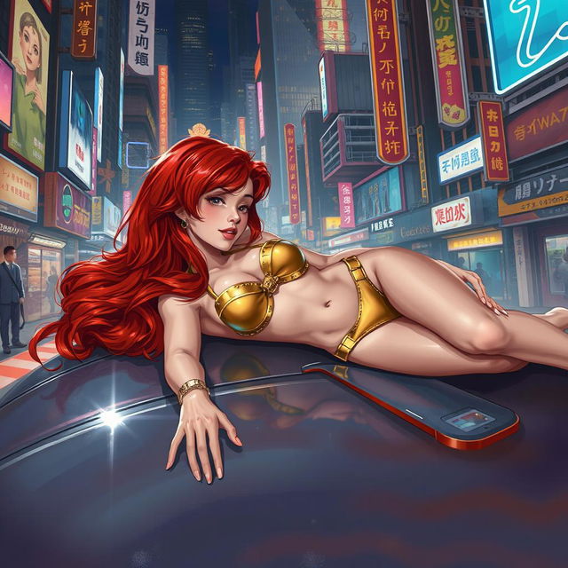 A realistic illustration of a petite redhaired cyberpunk nomad lounging effortlessly while dressed in a striking gold bikini