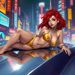 A realistic illustration of a petite redhaired cyberpunk nomad lounging effortlessly while dressed in a striking gold bikini