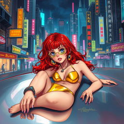 A realistic illustration of a petite redhaired cyberpunk nomad lounging effortlessly while dressed in a striking gold bikini