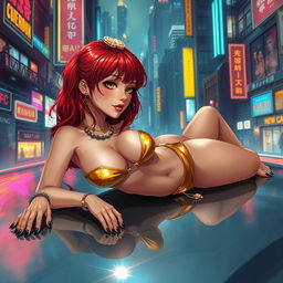 A realistic illustration of a petite redhaired cyberpunk nomad lounging effortlessly while dressed in a striking gold bikini