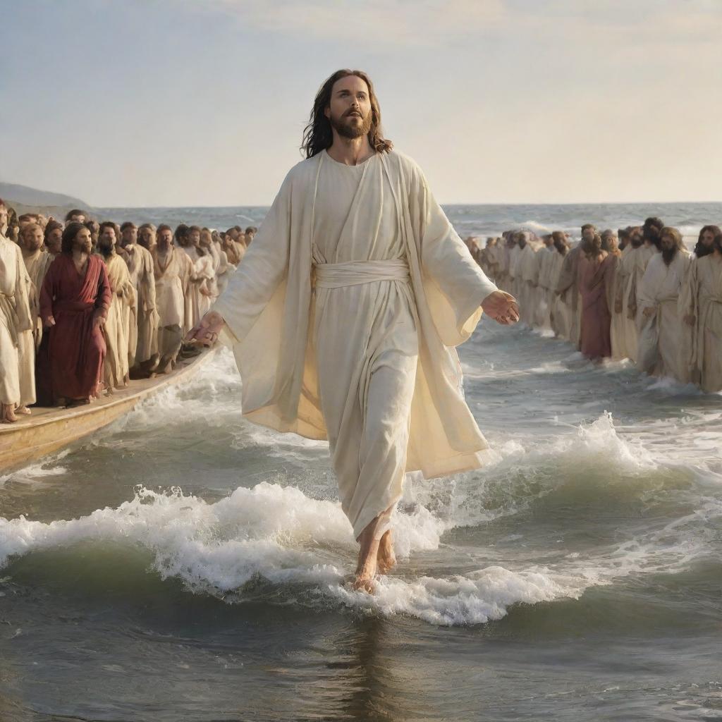 A serene depiction of Jesus Christ walking on water, calmly stepping atop the undulating waves, while his disciples watch from their boat, their faces displaying awe and amazement at the miraculous scene.