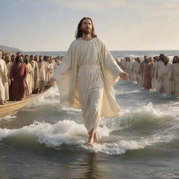 A serene depiction of Jesus Christ walking on water, calmly stepping atop the undulating waves, while his disciples watch from their boat, their faces displaying awe and amazement at the miraculous scene.