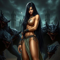 A dramatic and fantasy-themed portrayal of Kaileena, the Empress of Time from 'Prince of Persia: Warrior Within', depicted confidently and artistically in a powerful stance