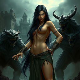 A dramatic and fantasy-themed portrayal of Kaileena, the Empress of Time from 'Prince of Persia: Warrior Within', depicted confidently and artistically in a powerful stance