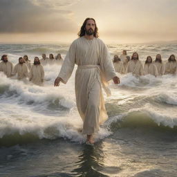 A serene depiction of Jesus Christ walking on water, calmly stepping atop the undulating waves, while his disciples watch from their boat, their faces displaying awe and amazement at the miraculous scene.