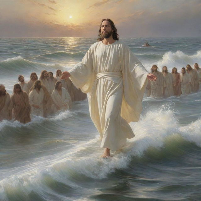 A serene depiction of Jesus Christ walking on water, calmly stepping atop the undulating waves, while his disciples watch from their boat, their faces displaying awe and amazement at the miraculous scene.