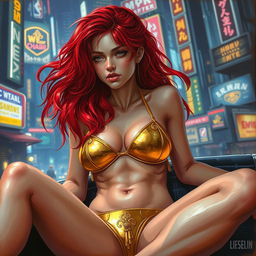 A Vallejo-style painting of a petite redhaired cyberpunk nomad lounging gracefully in a striking gold bikini