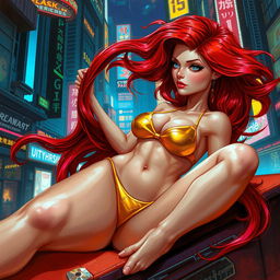 A Vallejo-style painting of a petite redhaired cyberpunk nomad lounging gracefully in a striking gold bikini