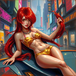 A Vallejo-style painting of a petite redhaired cyberpunk nomad lounging gracefully in a striking gold bikini