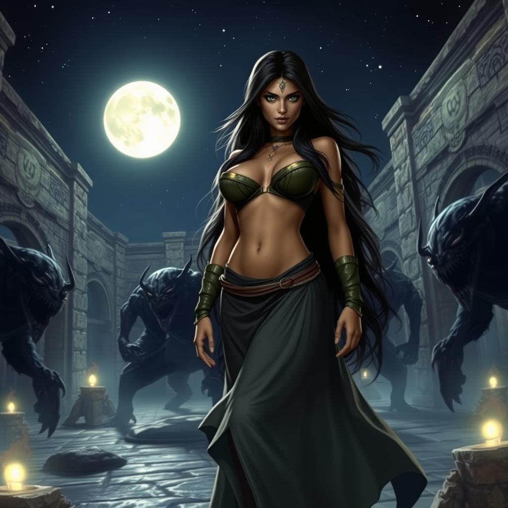 A captivating night scene featuring Kaileena, the Empress of Time from 'Prince of Persia: Warrior Within', standing confidently in an ancient courtyard illuminated by a full moon