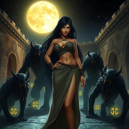 A captivating night scene featuring Kaileena, the Empress of Time from 'Prince of Persia: Warrior Within', standing confidently in an ancient courtyard illuminated by a full moon