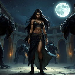 A captivating night scene featuring Kaileena, the Empress of Time from 'Prince of Persia: Warrior Within', standing confidently in an ancient courtyard illuminated by a full moon