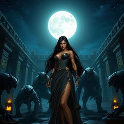 A captivating night scene featuring Kaileena, the Empress of Time from 'Prince of Persia: Warrior Within', standing confidently in an ancient courtyard illuminated by a full moon