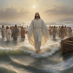 A serene depiction of Jesus Christ walking on water, calmly stepping atop the undulating waves, while his disciples watch from their boat, their faces displaying awe and amazement at the miraculous scene.