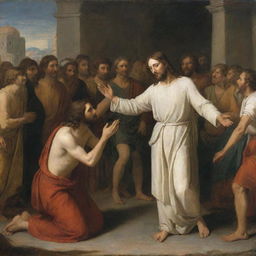 Dramatic scene of Christ healing a leper, his hand extended in a gesture of compassion and divine power, while the leper looks on with a mixture of hope and awe. The surrounding onlookers watch this miraculous healing in amazement.